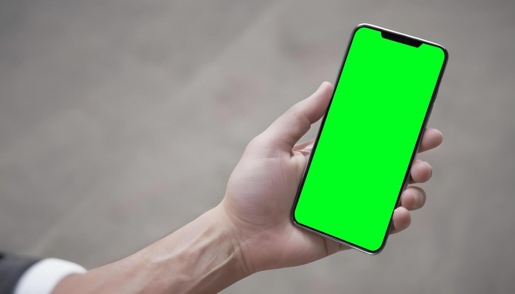 Hand holding black mobile phone with blank green screen photo