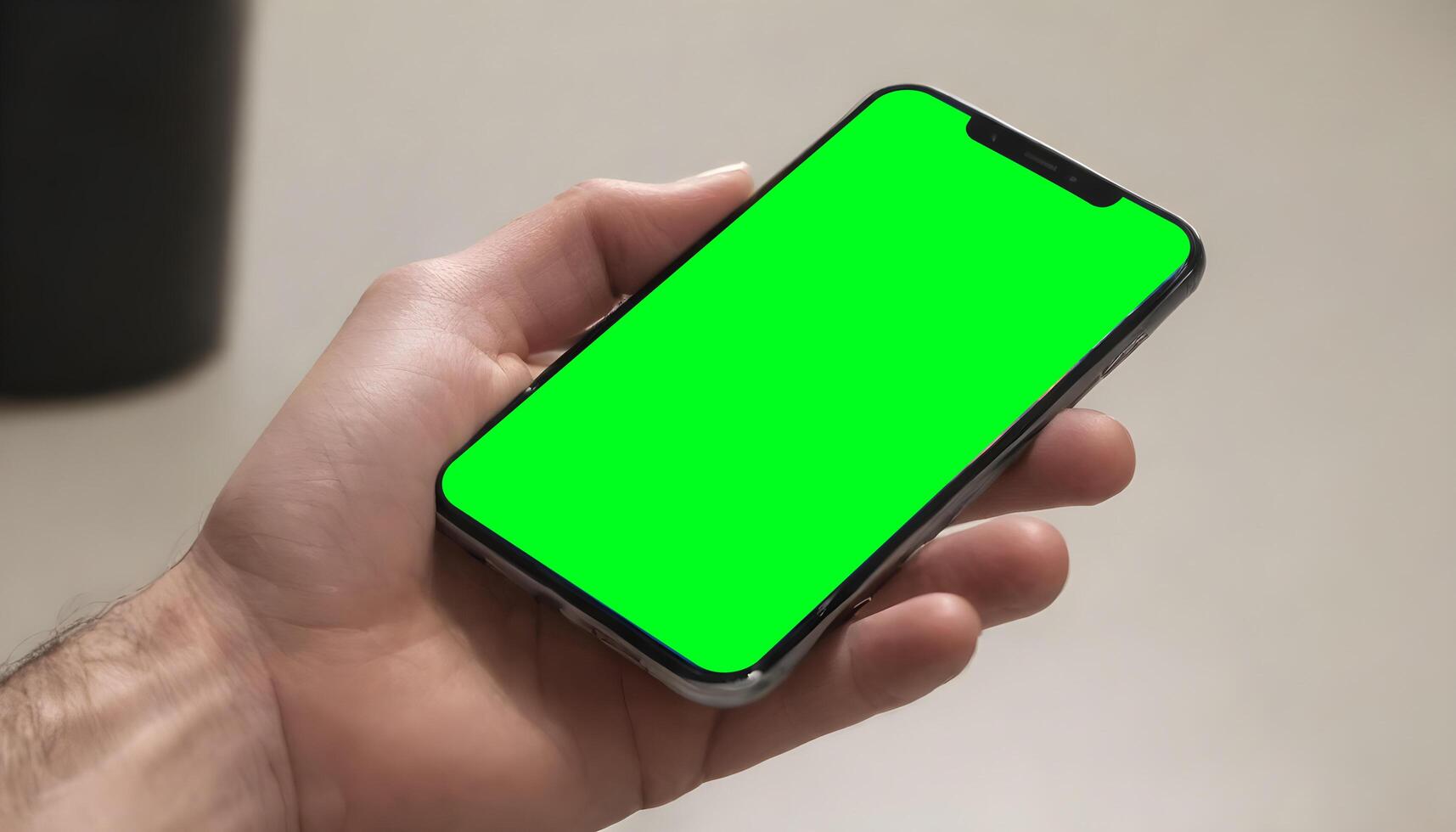 Hand holding black mobile phone with blank green screen photo
