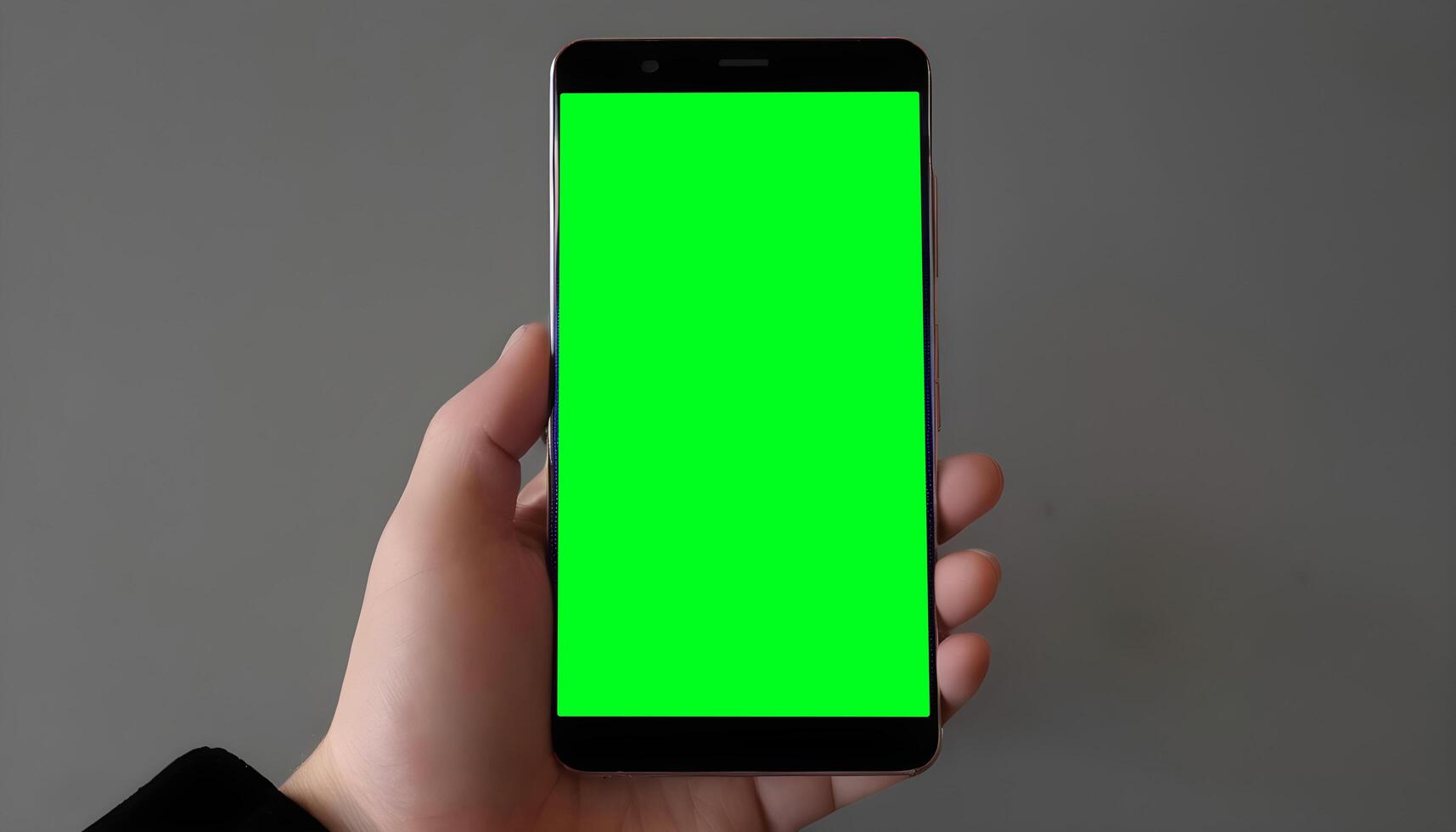 Hand holding black mobile phone with blank green screen photo