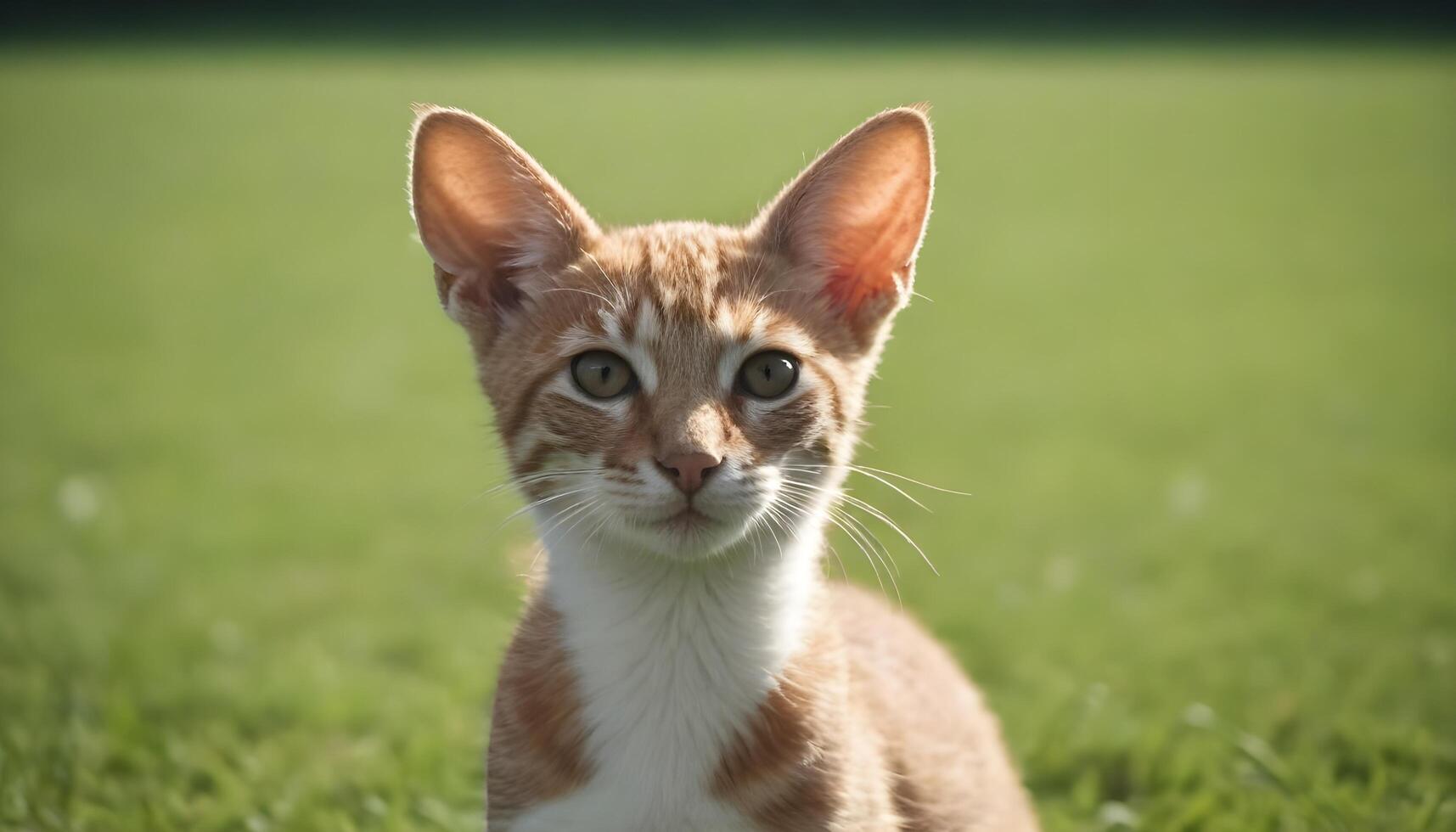 Cute orange cat on green grass background mobile phone with green screen photo