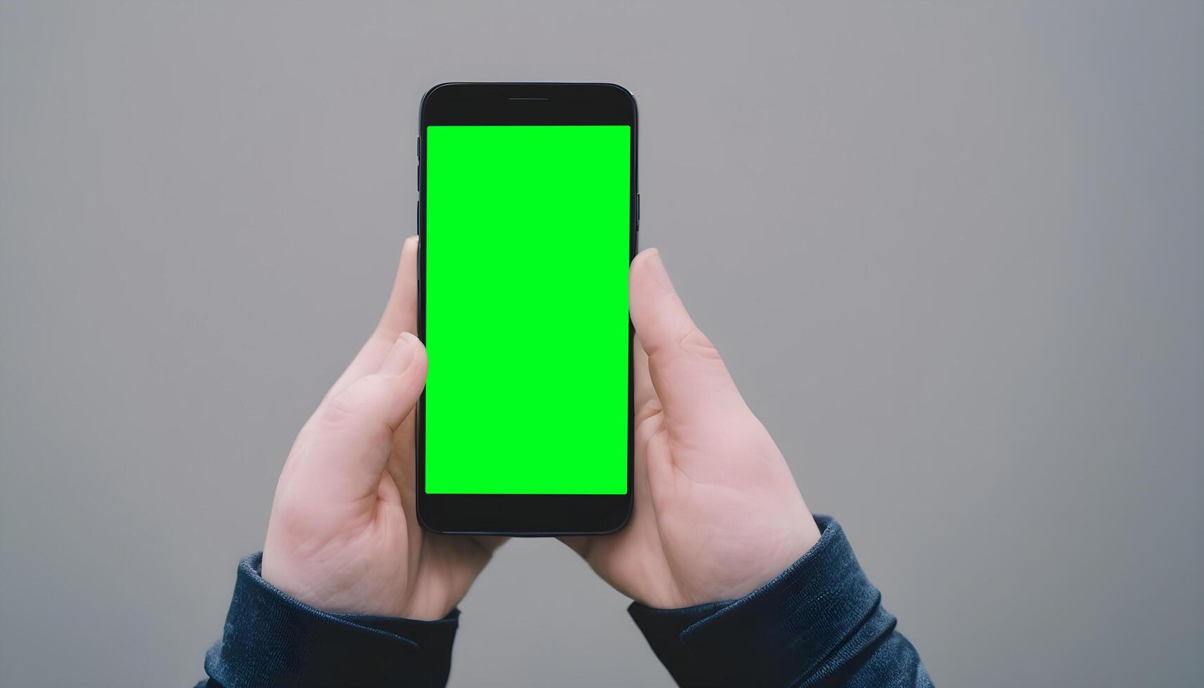 Hand holding black mobile phone with blank green screen photo