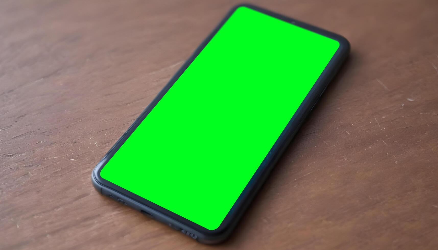 Hand holding black mobile phone with blank green screen photo