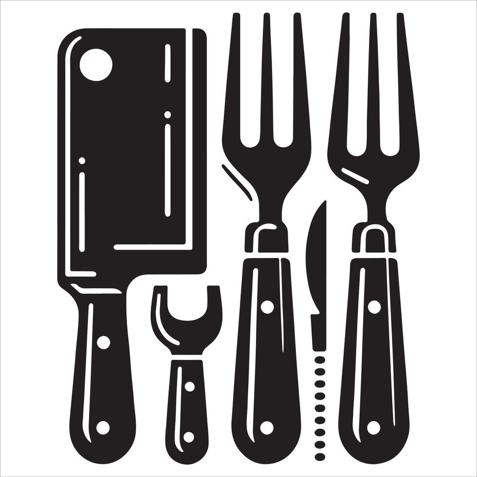 Kitchen appliances knife meat cleaver fork design element silhouette vector