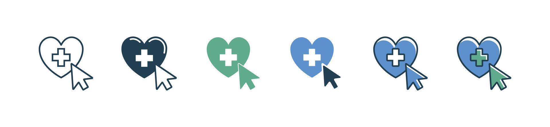 cursor pointing to love health care icon set with cross medical aid symbol support charity donation illustration vector