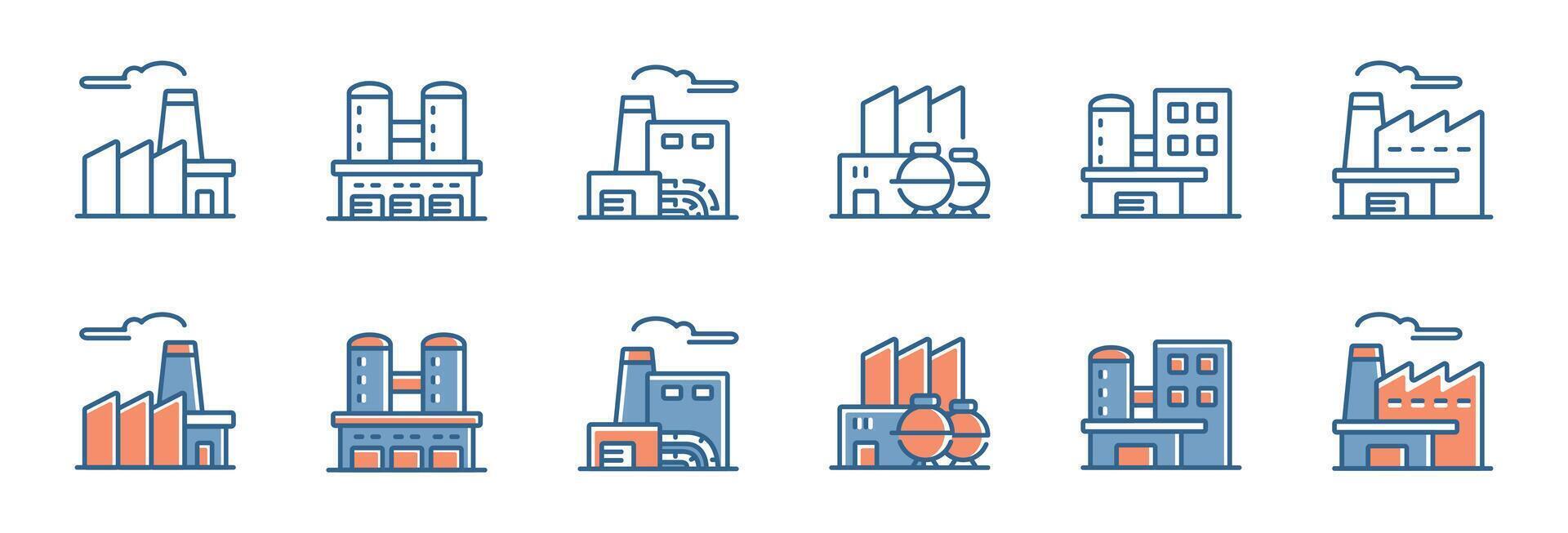 factory buildings icon set business manufacture industrial station illustration chemical industry construction symbol design vector