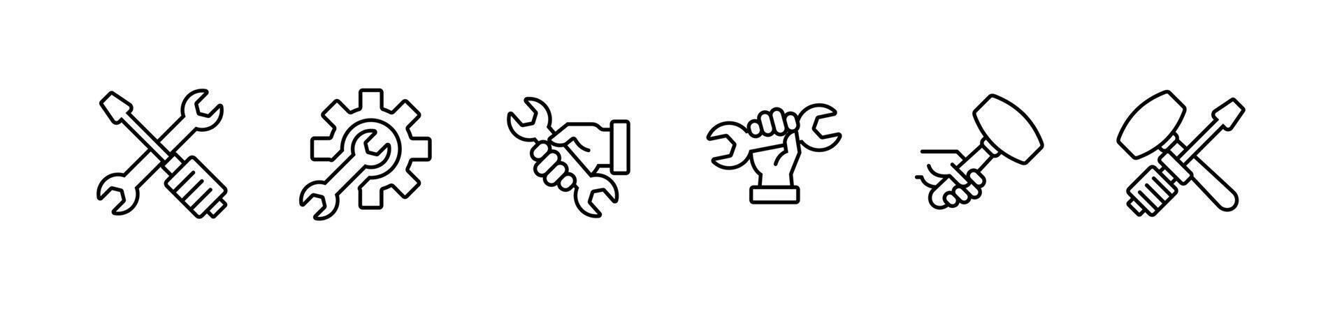construction builder tools equipment icon set engineer reparation instrument illustration. hammer, wrench, screwdriver, gear symbol design vector