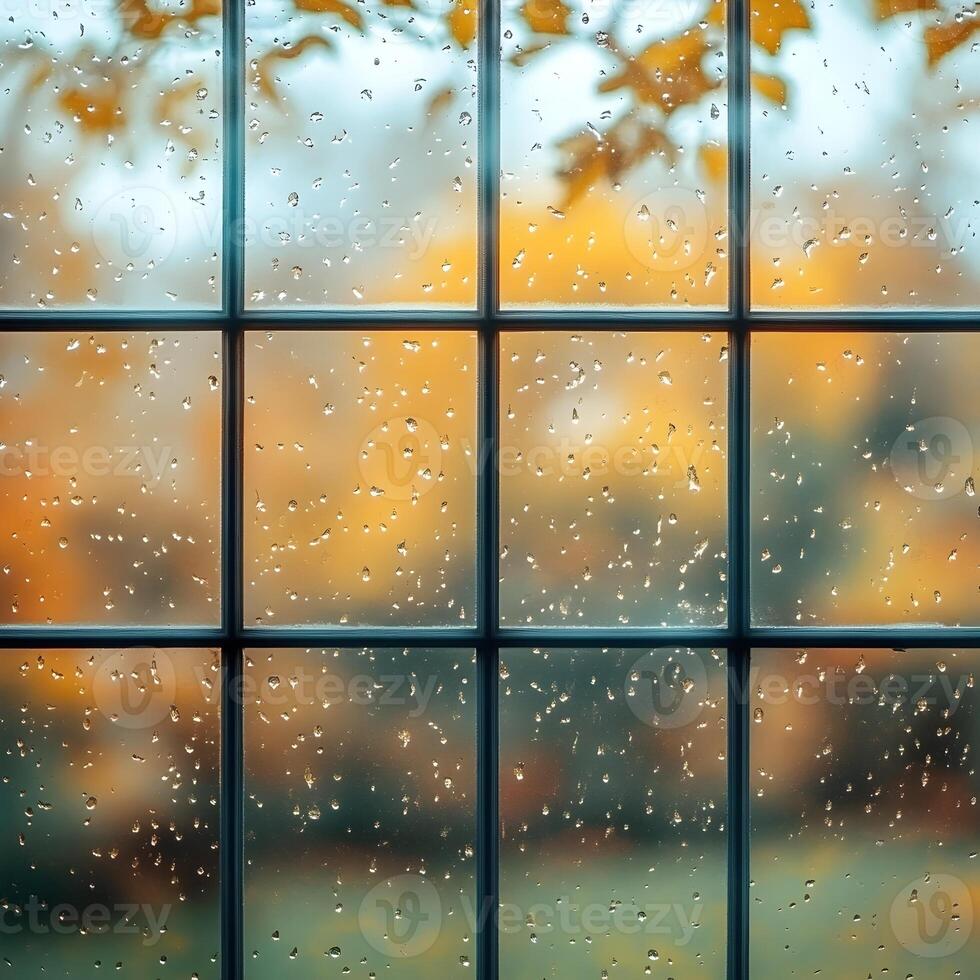 Rainy Autumn Landscape Through Wet Window Glass with Blurry Reflections photo
