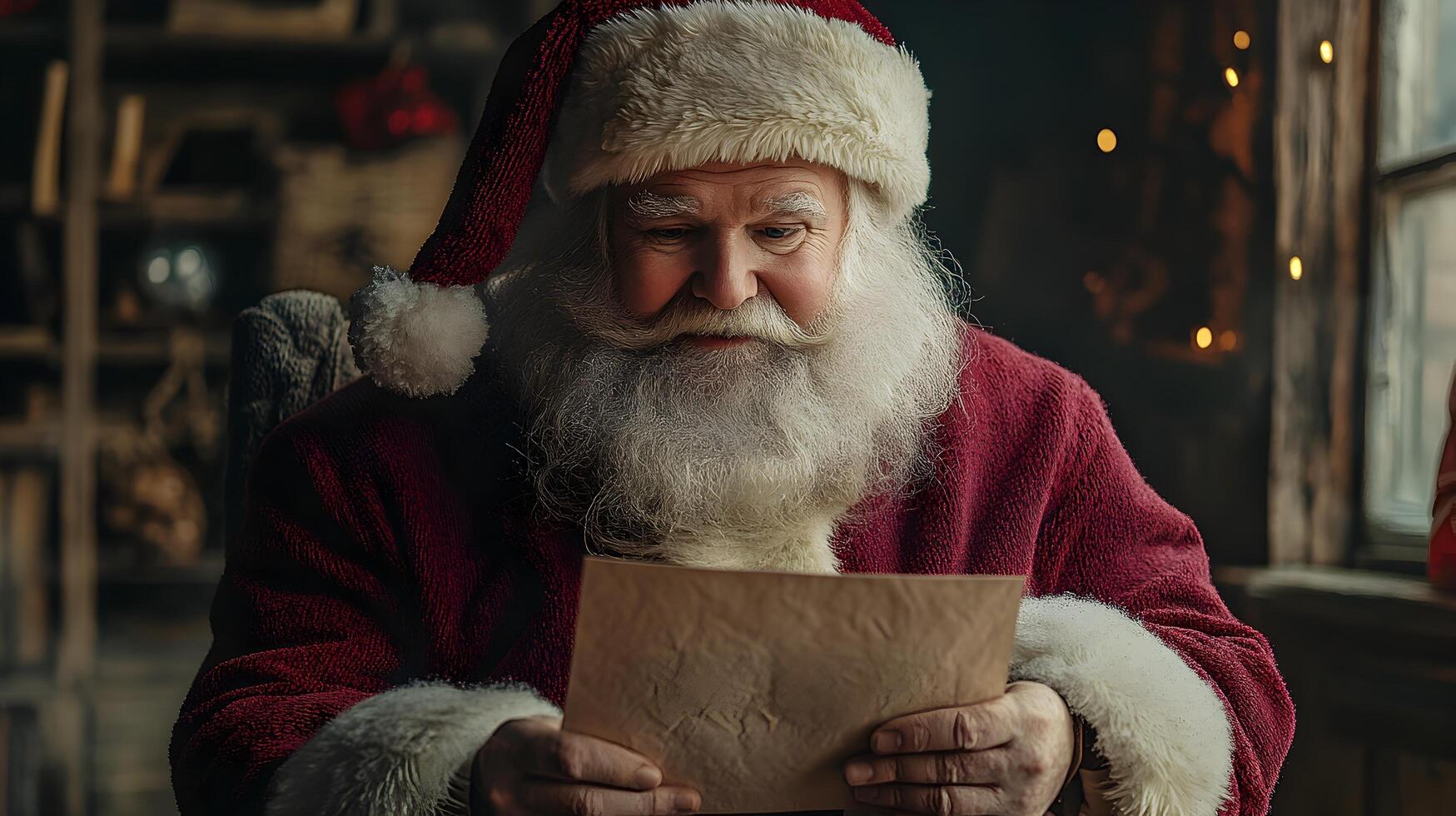 Santa Claus reading letters from children at his North Pole workshop cozy Christmas with festive photo