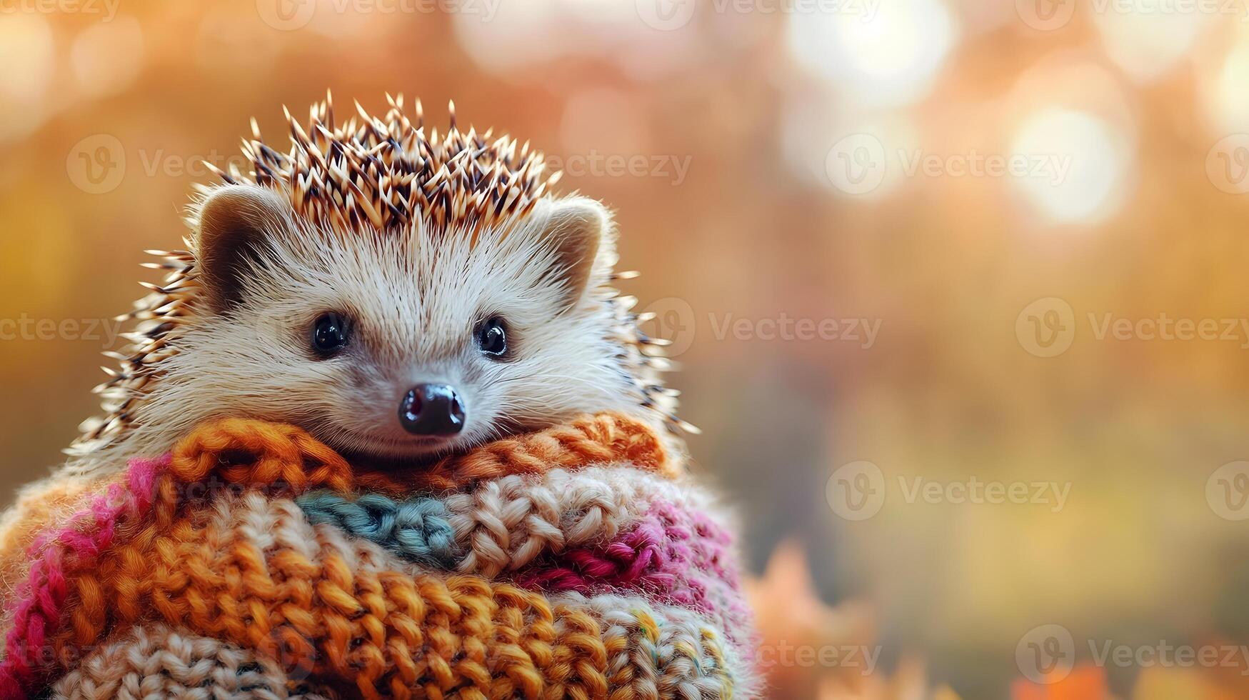 Cozy Autumn Hedgehog Nestled in Warm Textured Sweater in Tranquil Forest Scene photo