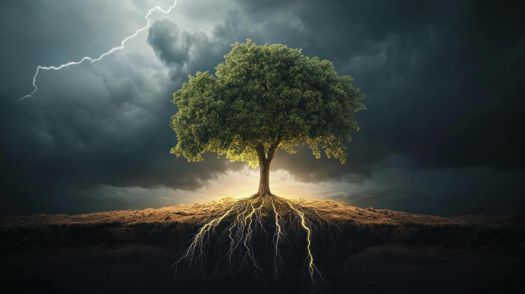 A lone tree stands tall against a stormy sky, its roots reaching deep into the ground. The lightning strikes in the distance, but the tree remains strong and steadfast photo