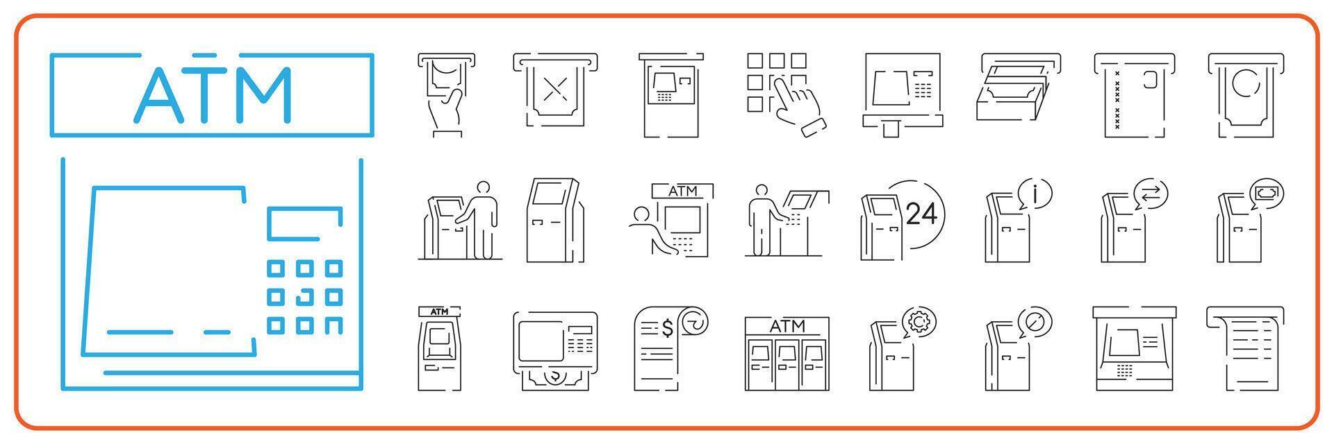 E-payment, E-wallet, Card Machine, ATM, QR Code, Credit card, Online Banking and Hand with card line icon set. vector