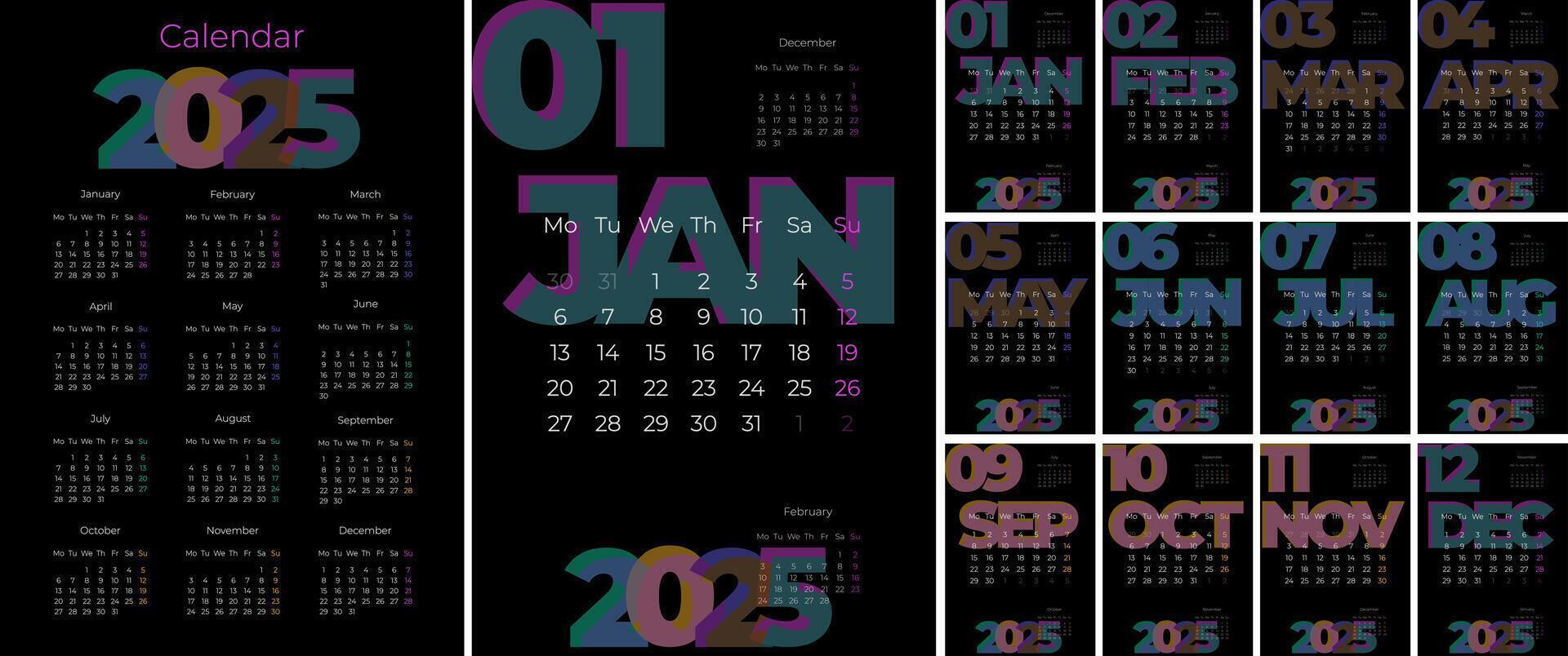 Calendar for 2025. Modern design, Black, A4, vertical, English. Set of 12 pages and cover. vector