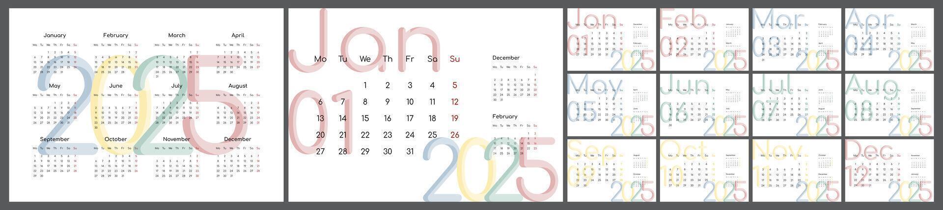 Desktop or wall horizontal calendar template for 2025. Set of 12 pages and cover. English, A4. vector