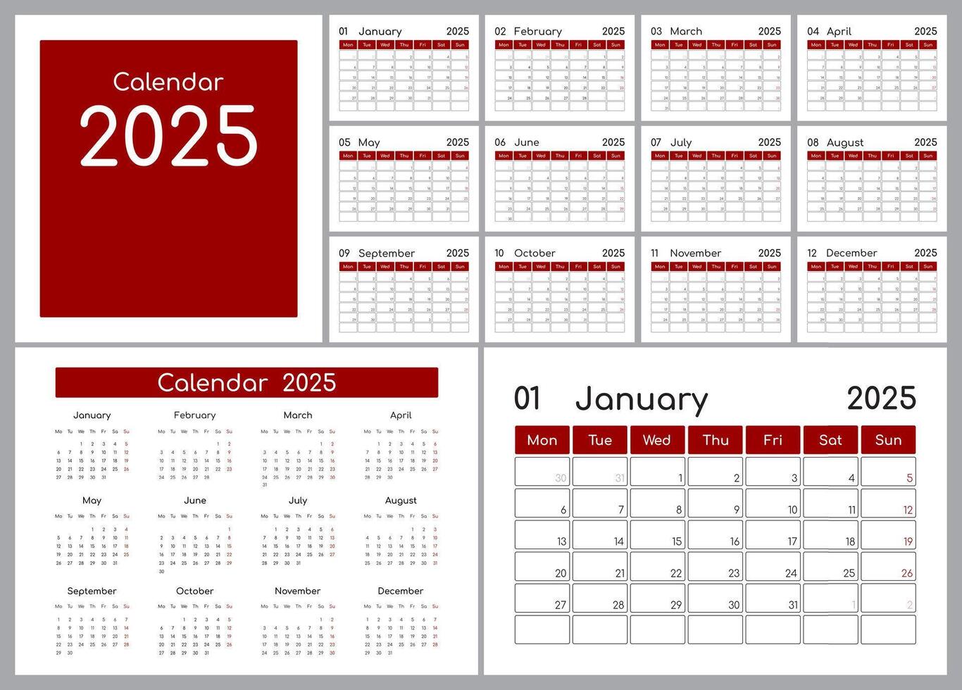 2025 calendar. Template of 12 pages and covers. Horizontal, English. vector
