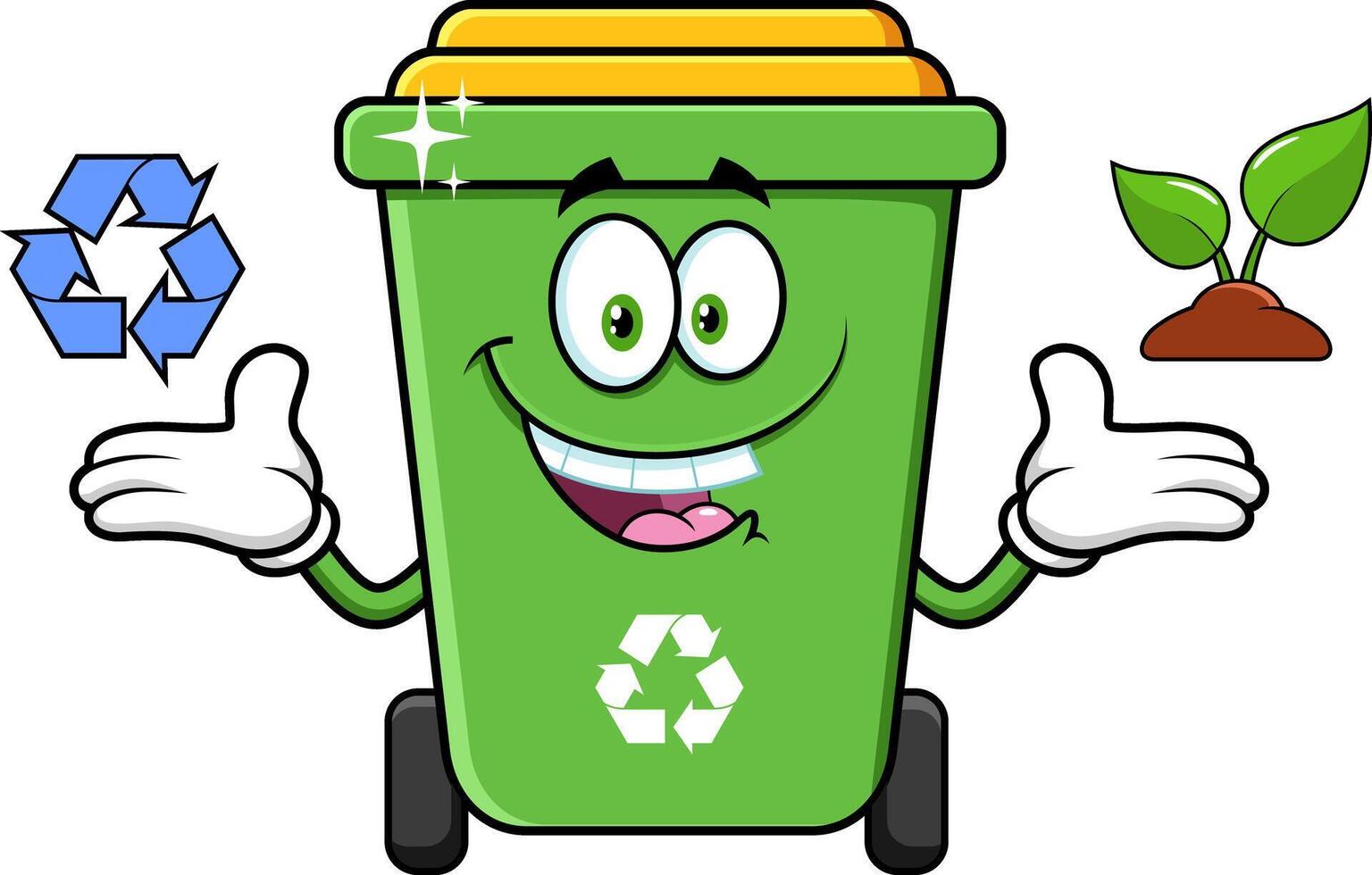 Green Recycle Trash Bin Cartoon Character Showing Recycle Signs vector