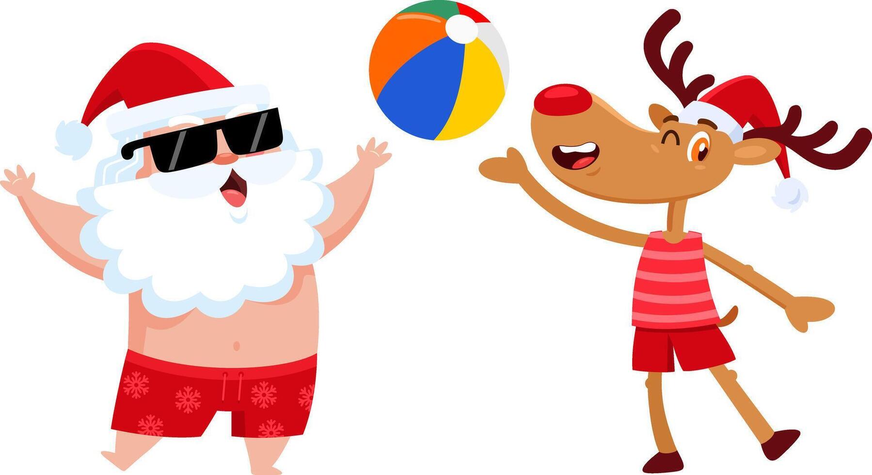 Summer Santa Claus And Reindeer Cartoon Characters Playing With A Ball On The Beach vector