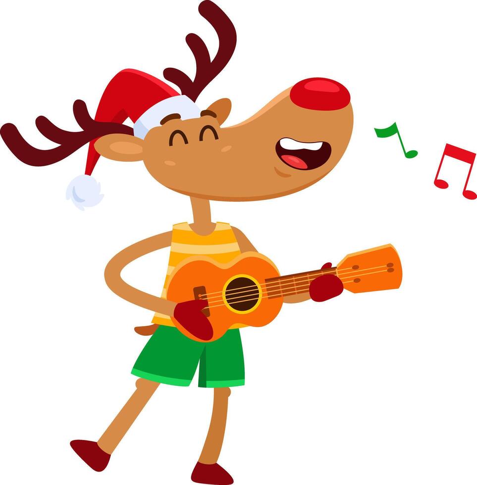 Happy Cute Christmas Reindeer Cartoon Character Singing And Playing Guitar On The Beach vector