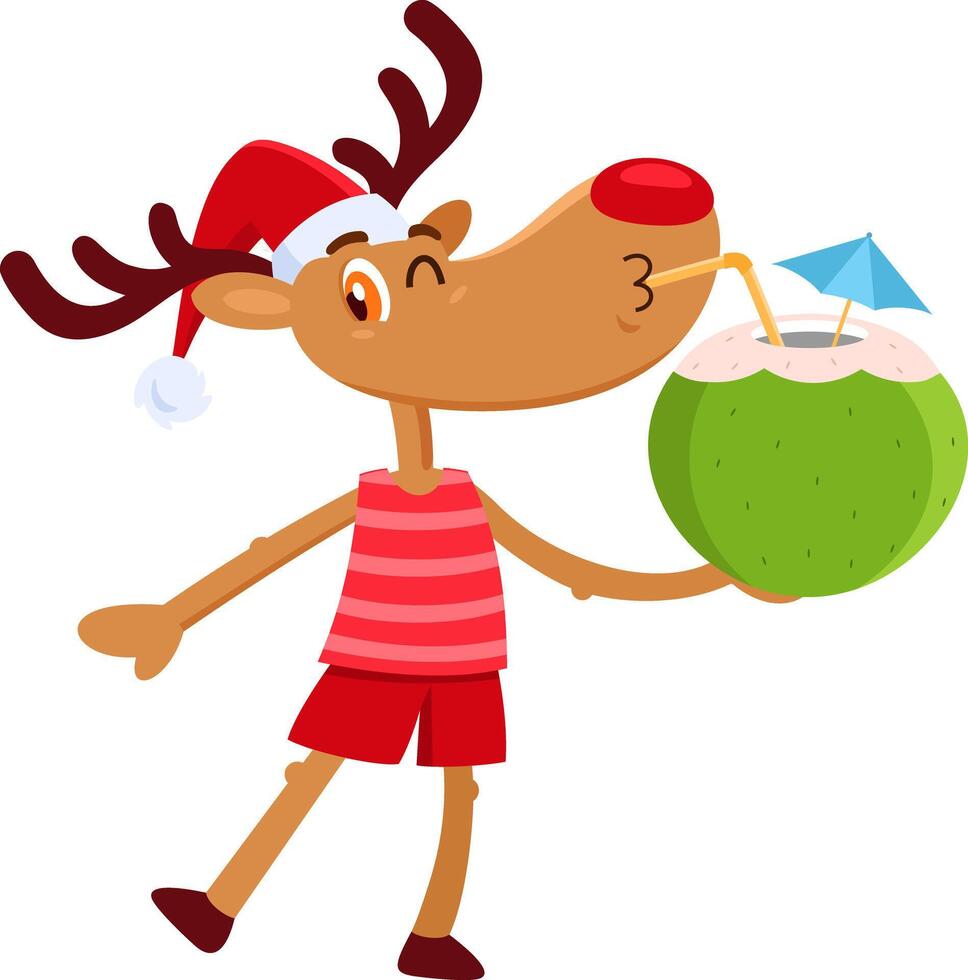 Cute Christmas Reindeer Cartoon Character Drinking Coconut Cocktail On The Beach vector