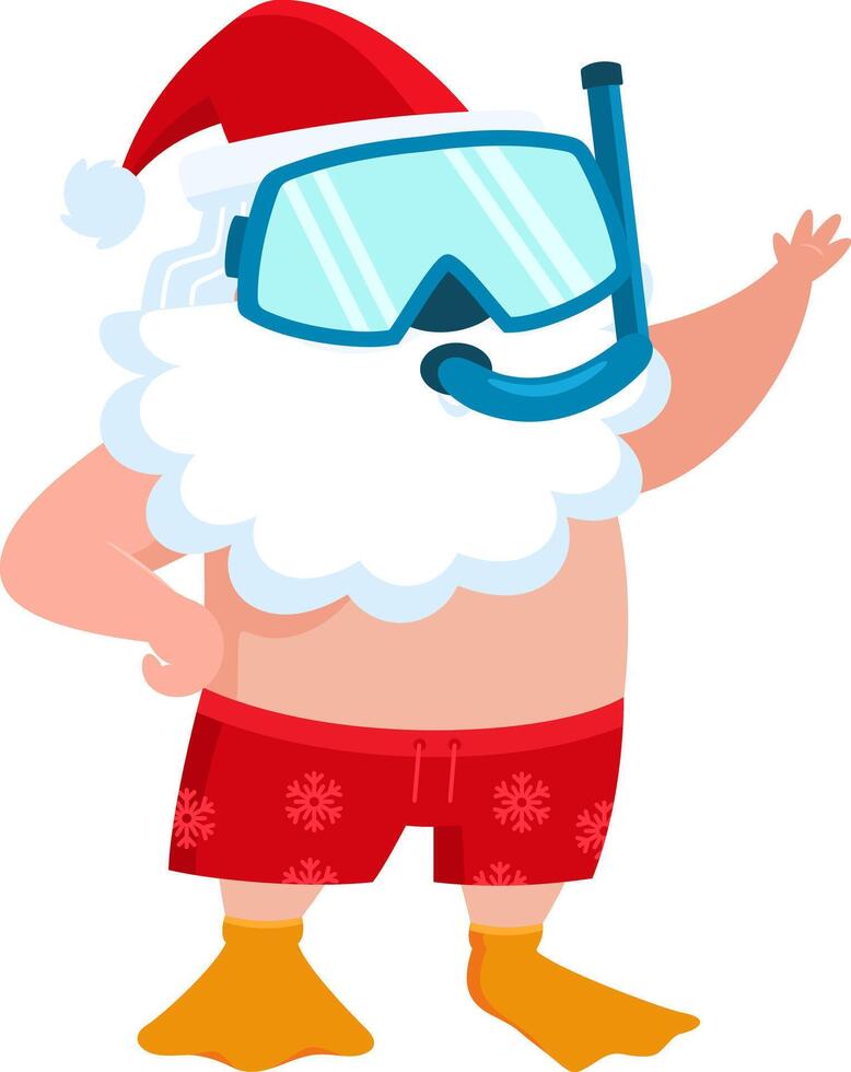 Summer Santa Claus Cartoon Character With A Snorkel And Mask Waving From The Beach vector
