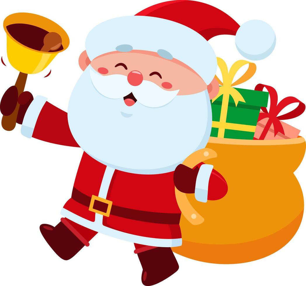 Cute Santa Claus Cartoon Character With Sack Walking And Ringing A Bell vector