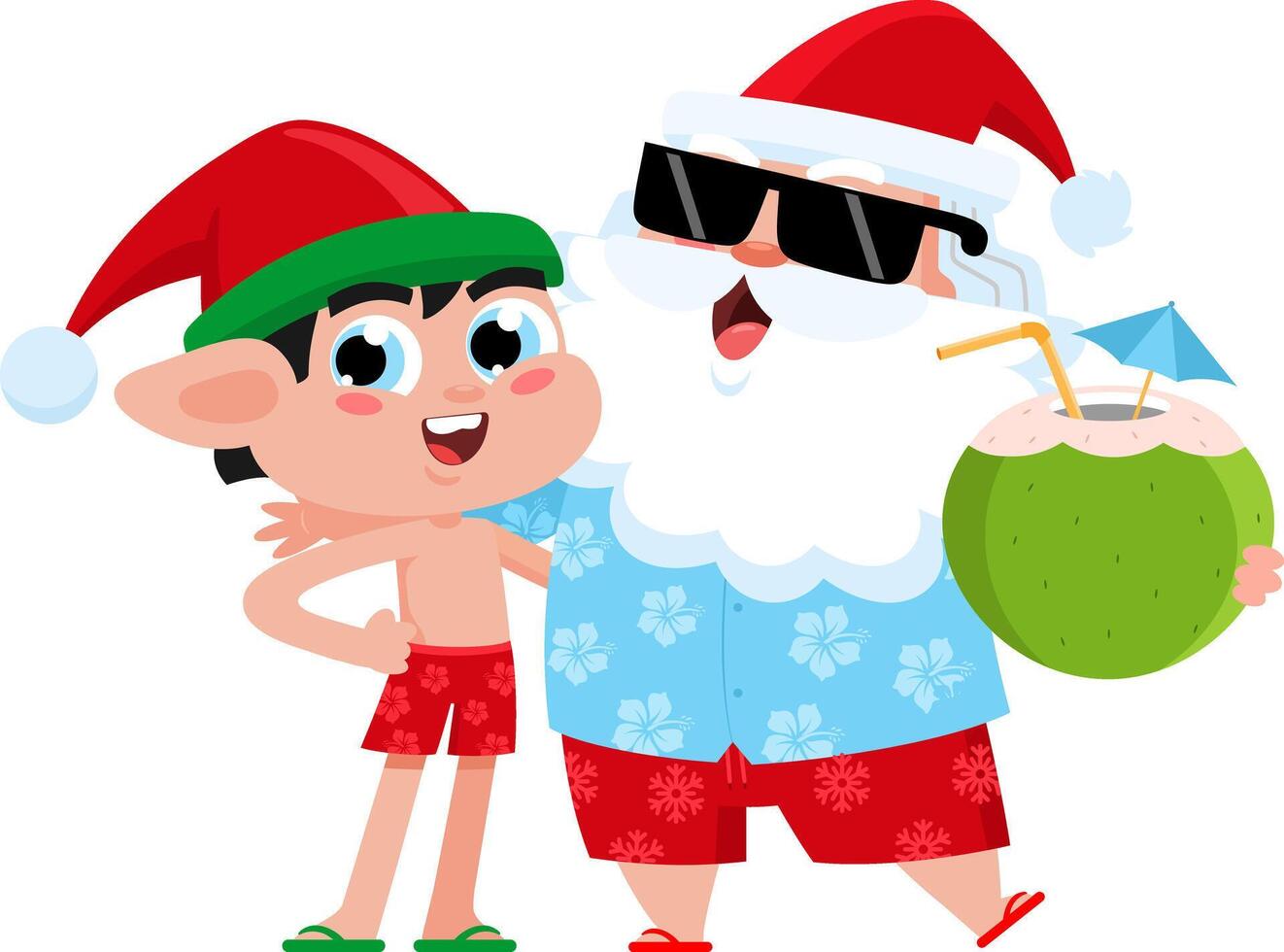 Summer Santa Claus And Elf Cartoon Characters On The Beach vector