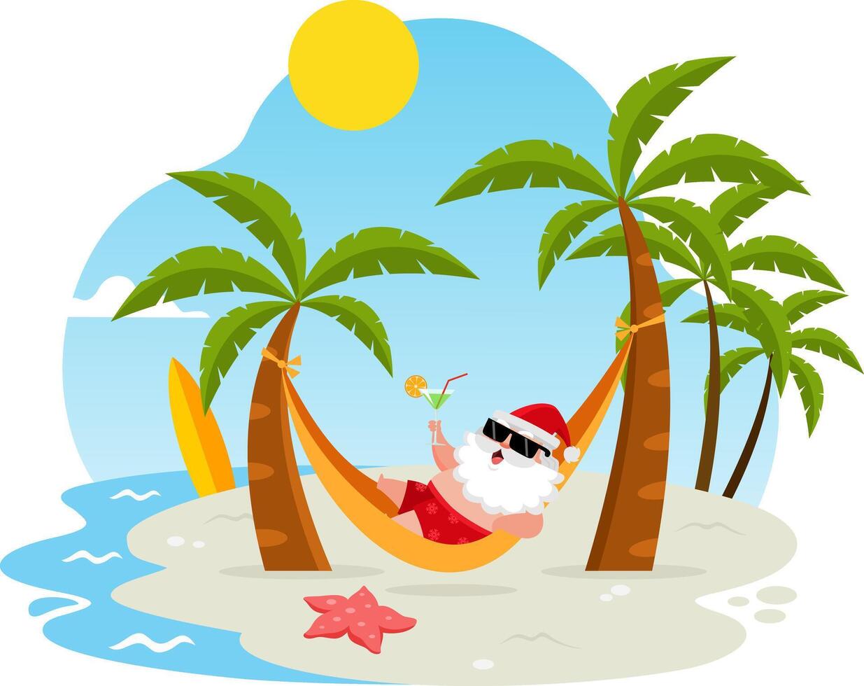 Summer Santa Claus Cartoon Character Lying On Hammock In Beach Swing vector