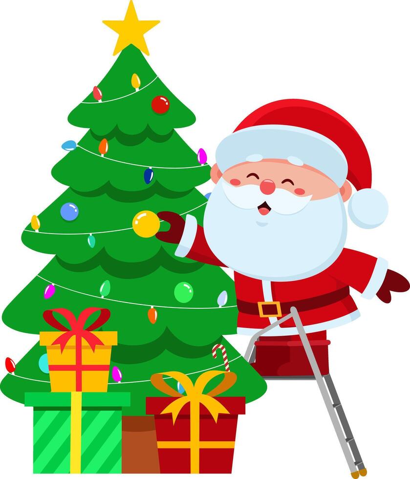 Cute Santa Claus Cartoon Character Decorates A Christmas Tree vector