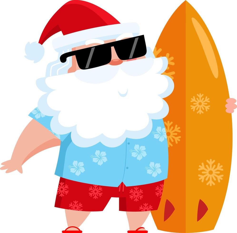 Summer Santa Claus Cartoon Character With A Surfboard On The Beach vector