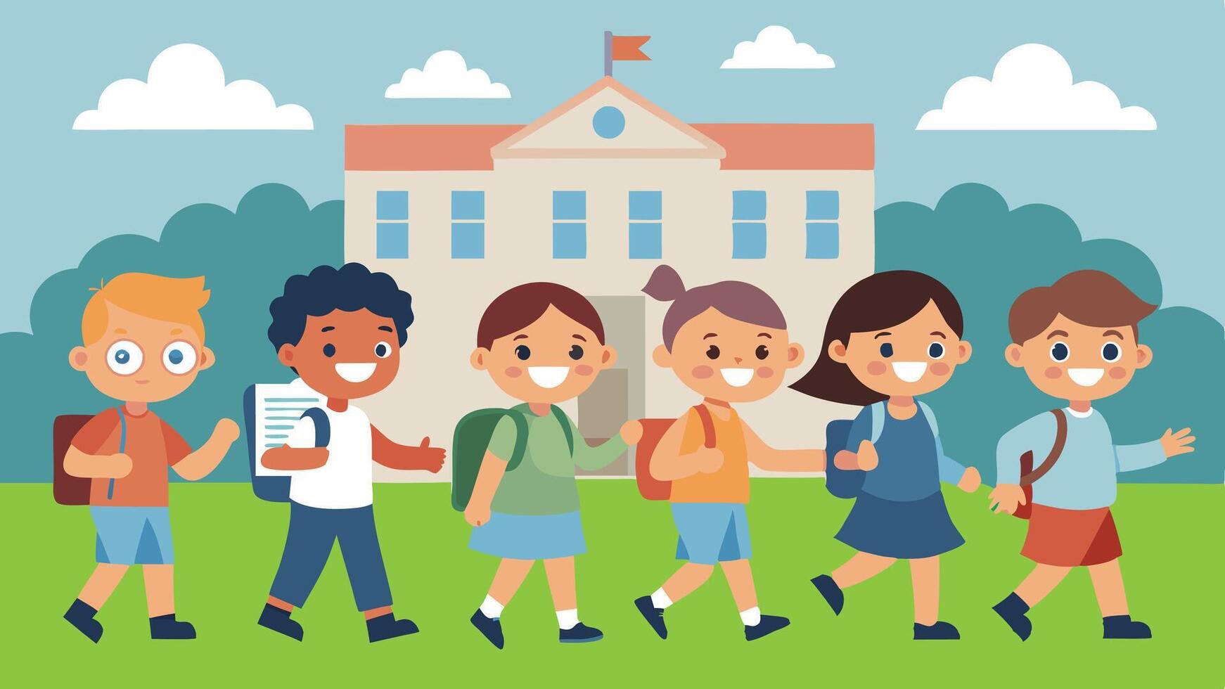 a group of diverse children happily walking towards a school building, carrying backpacks and books. vector