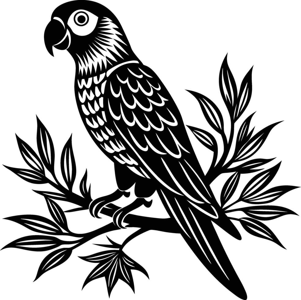 Parrot birds preached on a tree branched, silhouette style image. vector