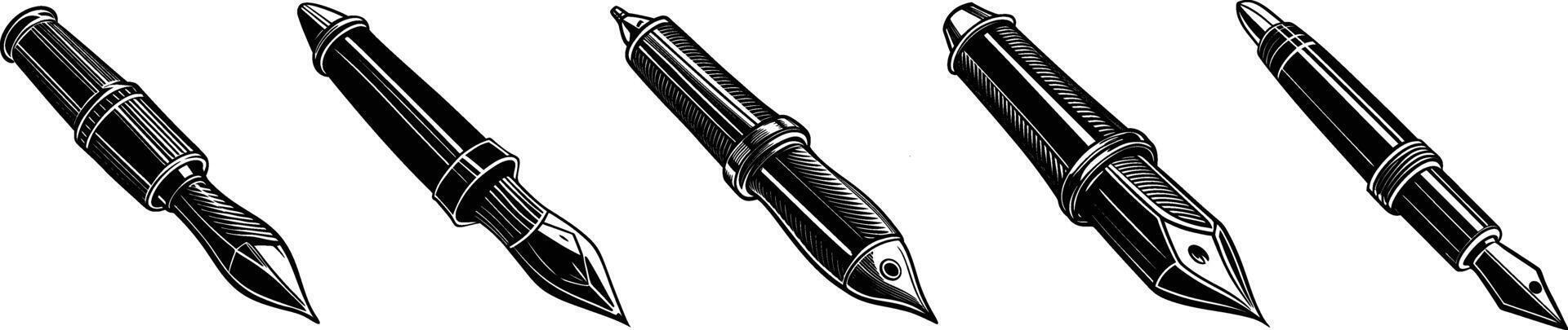 A set of Fountain pen picture. art and illustration of ink pen image set. vector