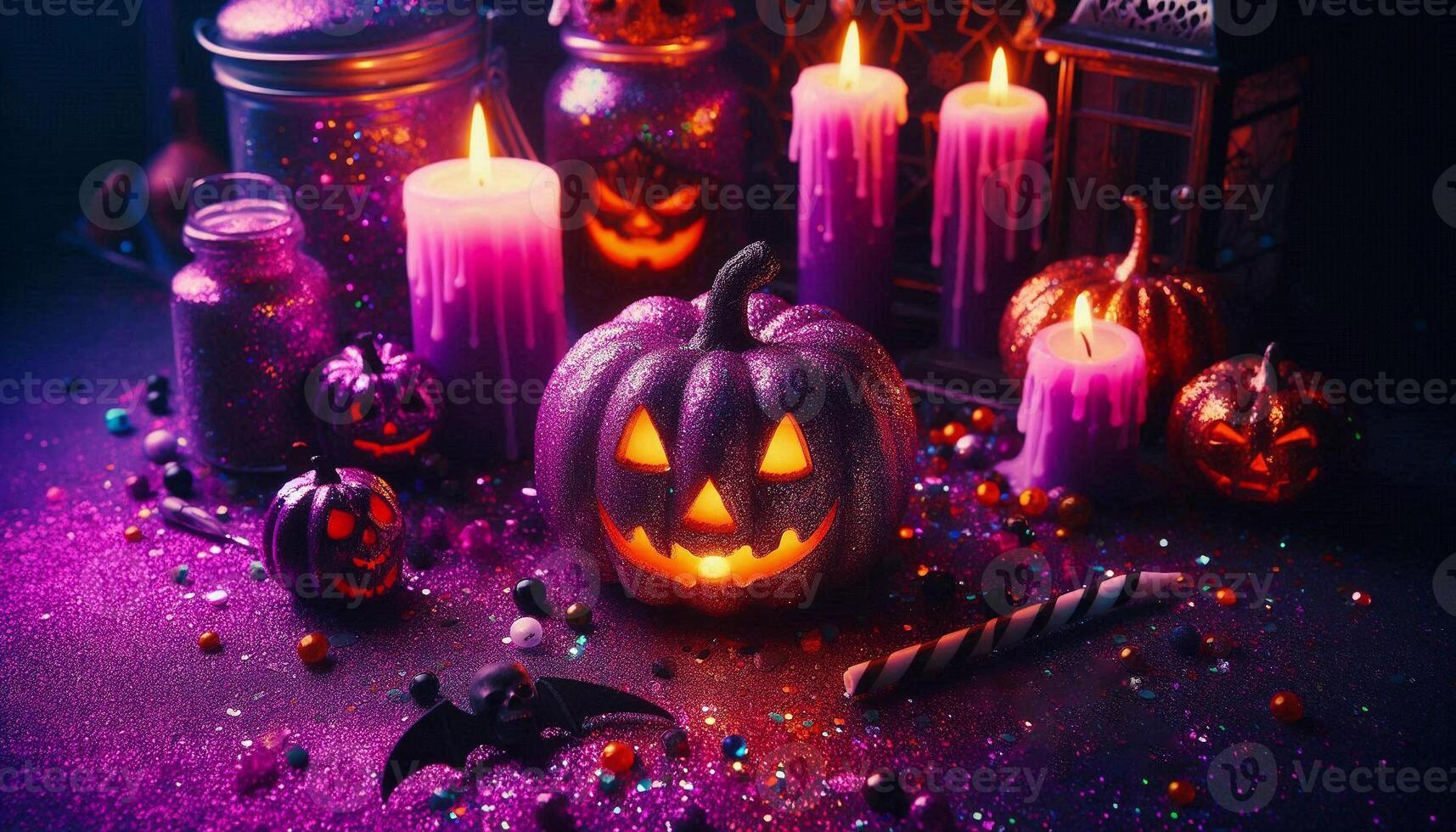 Purple Halloween Background with Pumpkin Head Jack Lantern with Burning Candles. A bright festive composition for your designs. photo