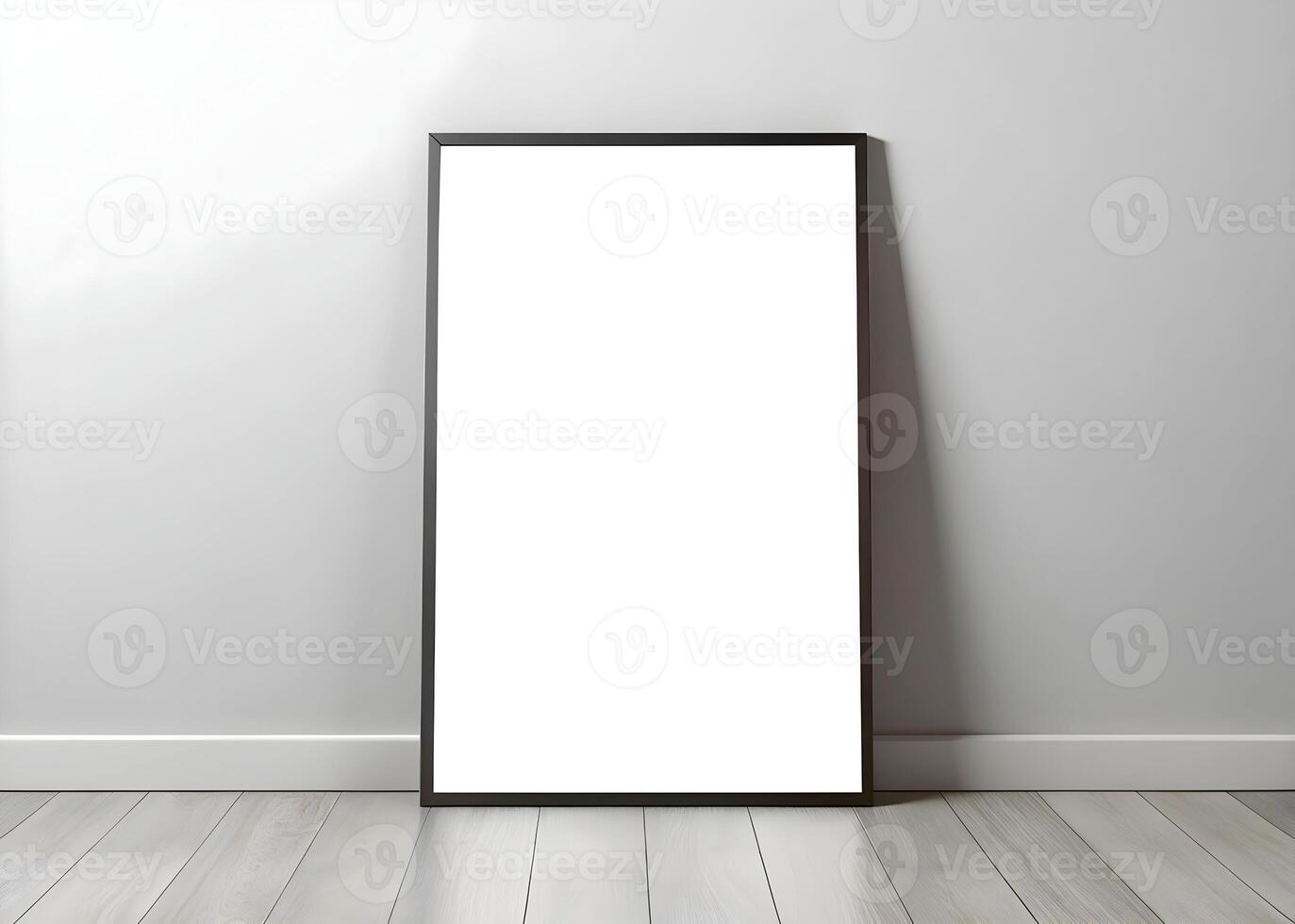 Empty Vertical Frame Mockup for Wall Art and Poster Against Grey Wooden Background photo