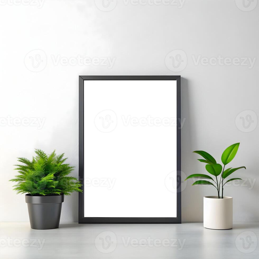 A Vertical Frame Mockup for Wall Art or Poster Flanked by Potted Plants photo