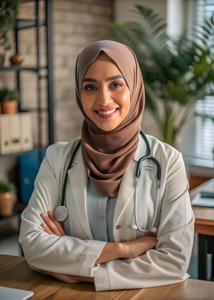 A Beautiful Doctor wearing a tight hijab and standing front of her desk. photo