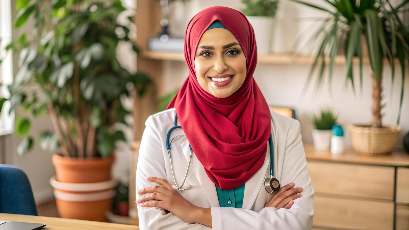 A Beautiful Doctor wearing a tight hijab and standing front of her desk. photo
