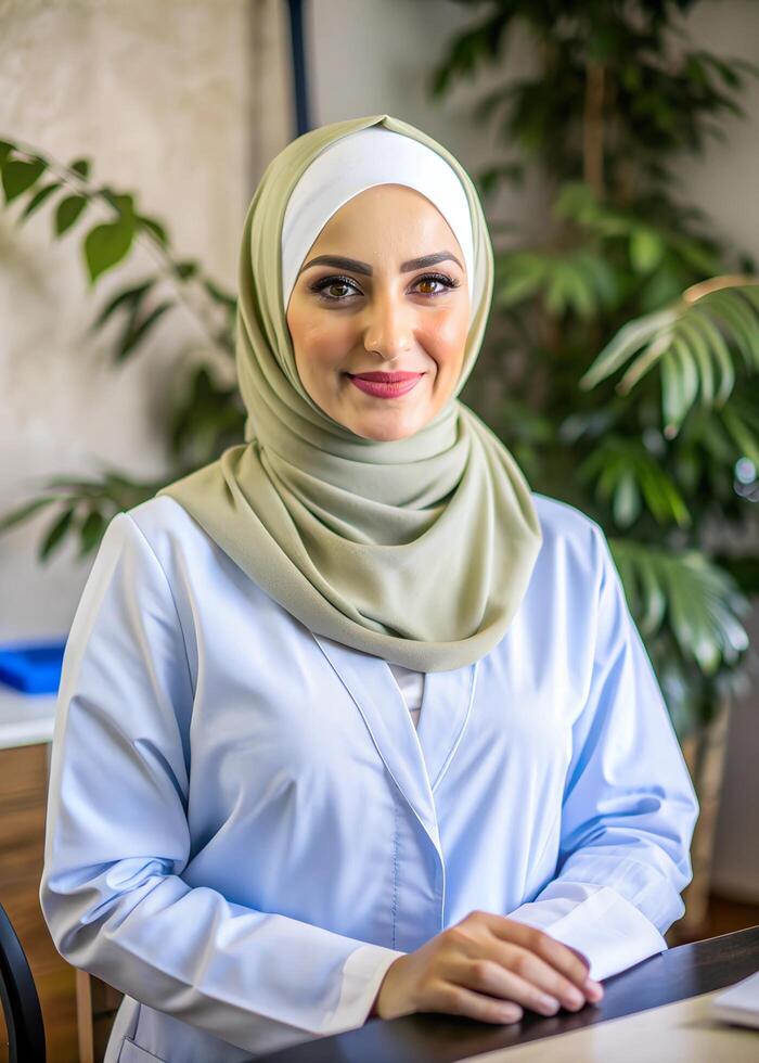A Beautiful Doctor wearing a tight hijab and standing front of her desk. photo