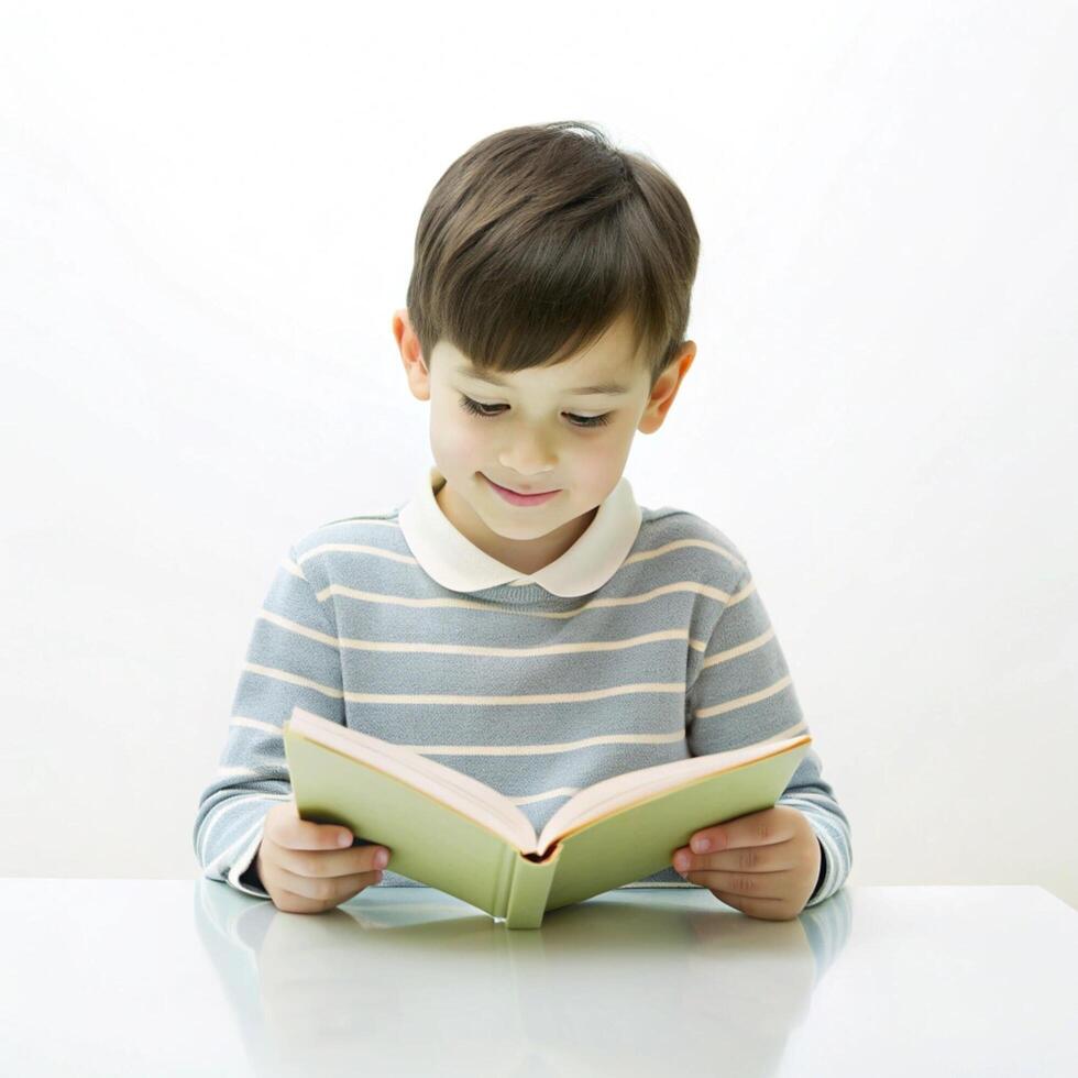 Cute a little boy writing a book on the table with on white background photo
