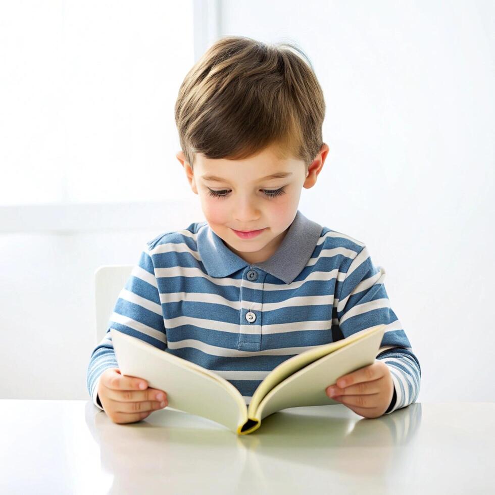 Cute a little boy writing a book on the table with on white background photo