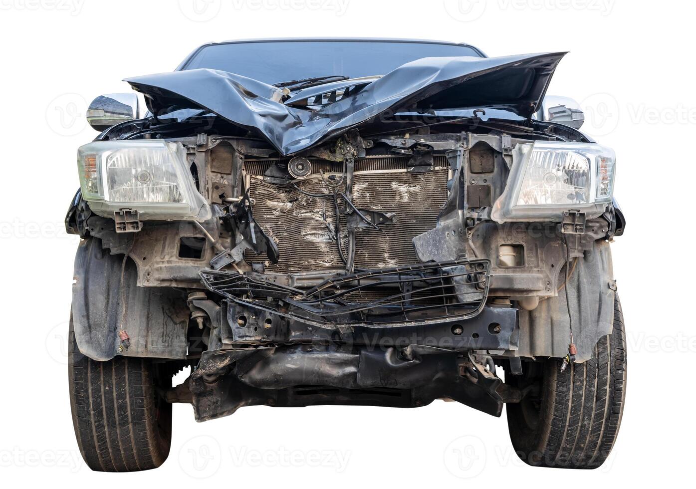 Isolated close-up of the front of an old black car which was destroyed. photo