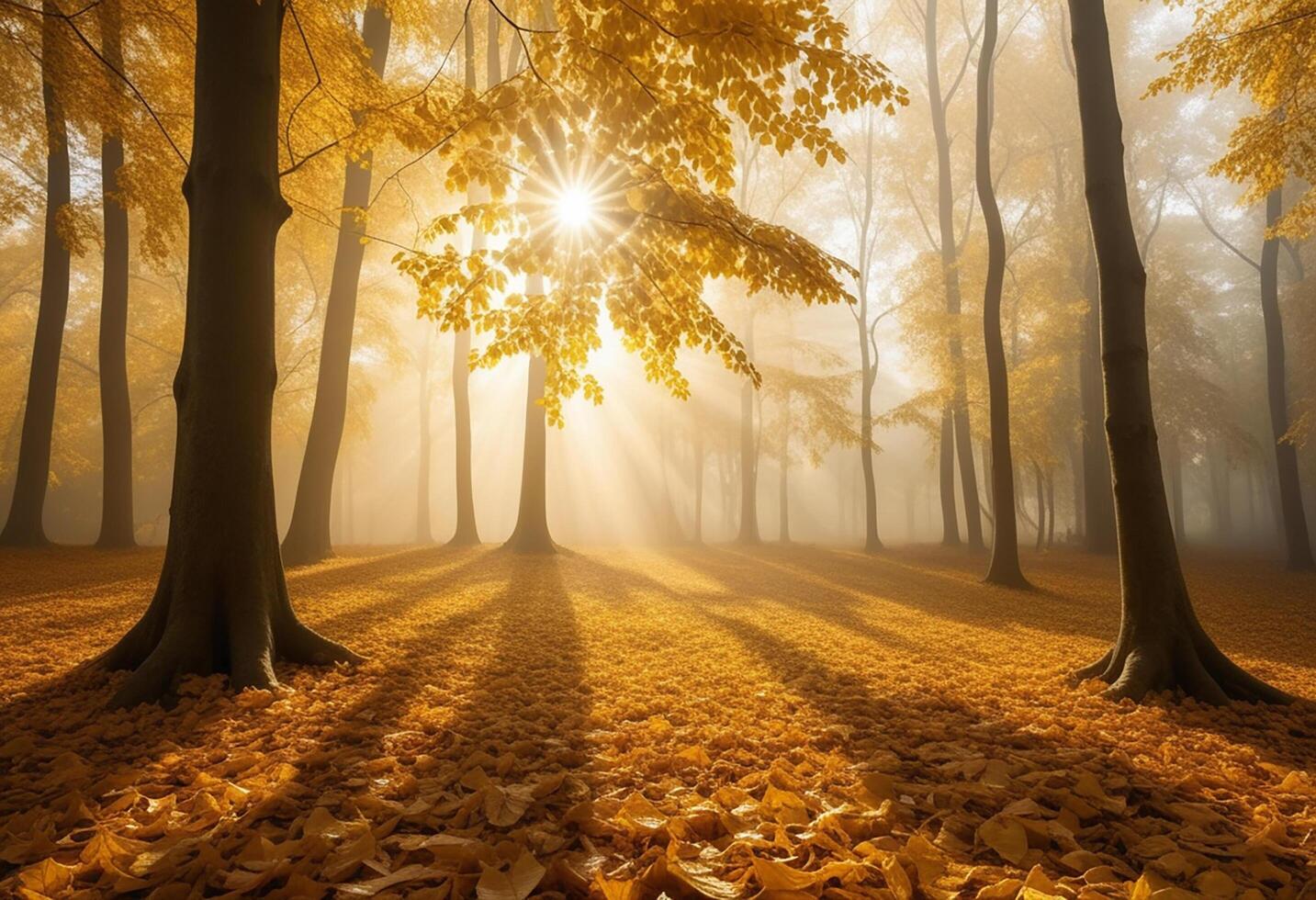 Autumn Background With Tree And Sunlight Golden Leaves In Foggy Forest photo