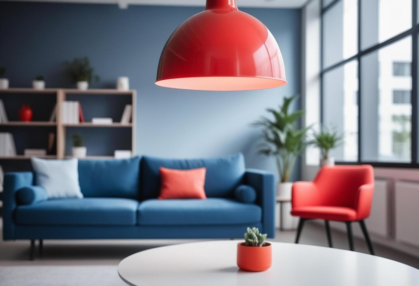 The Blurred Background Of A Modern Office Interior With Red Lamp Blue Sofa And White Table photo