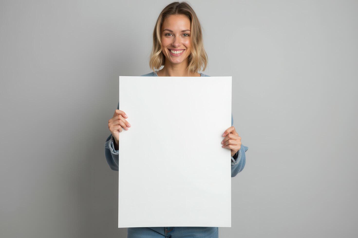 Smiling Woman Holding a Blank White Sign photo