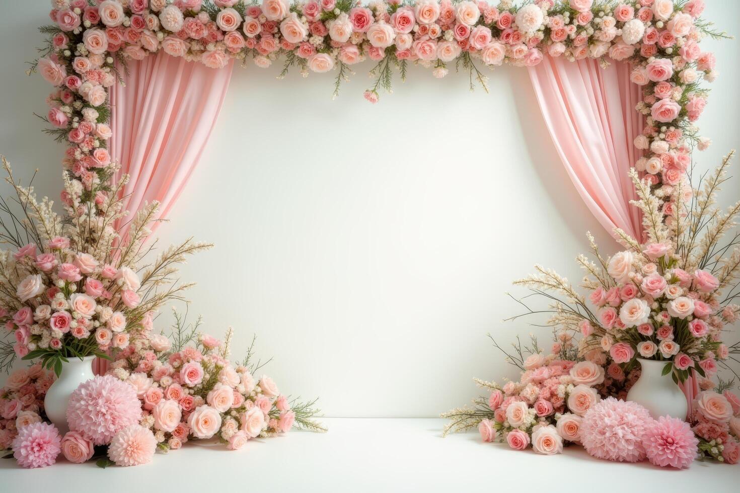 Pink Rose Floral Archway with Pink Drapes and Vases photo