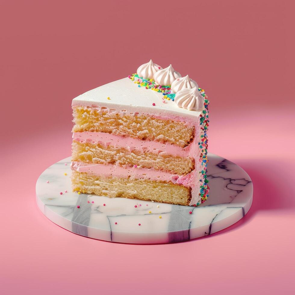 A Slice of Vanilla Cake with Pink Frosting and Sprinkles on a Marble Plate photo