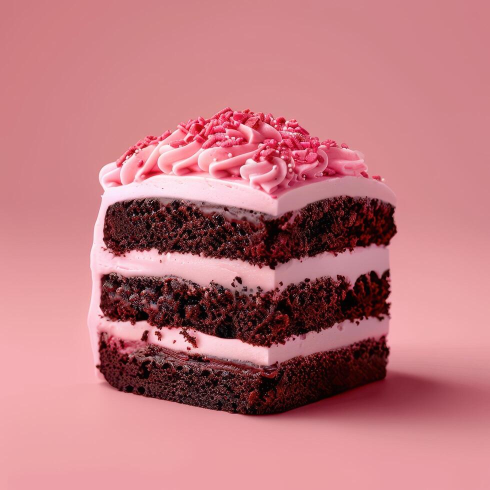 A Slice of Chocolate Cake with Pink Frosting and Sprinkles photo