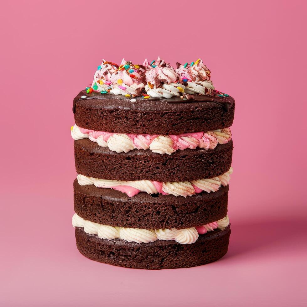 Multi-Layered Chocolate Cake with Pink and White Frosting and Sprinkles photo