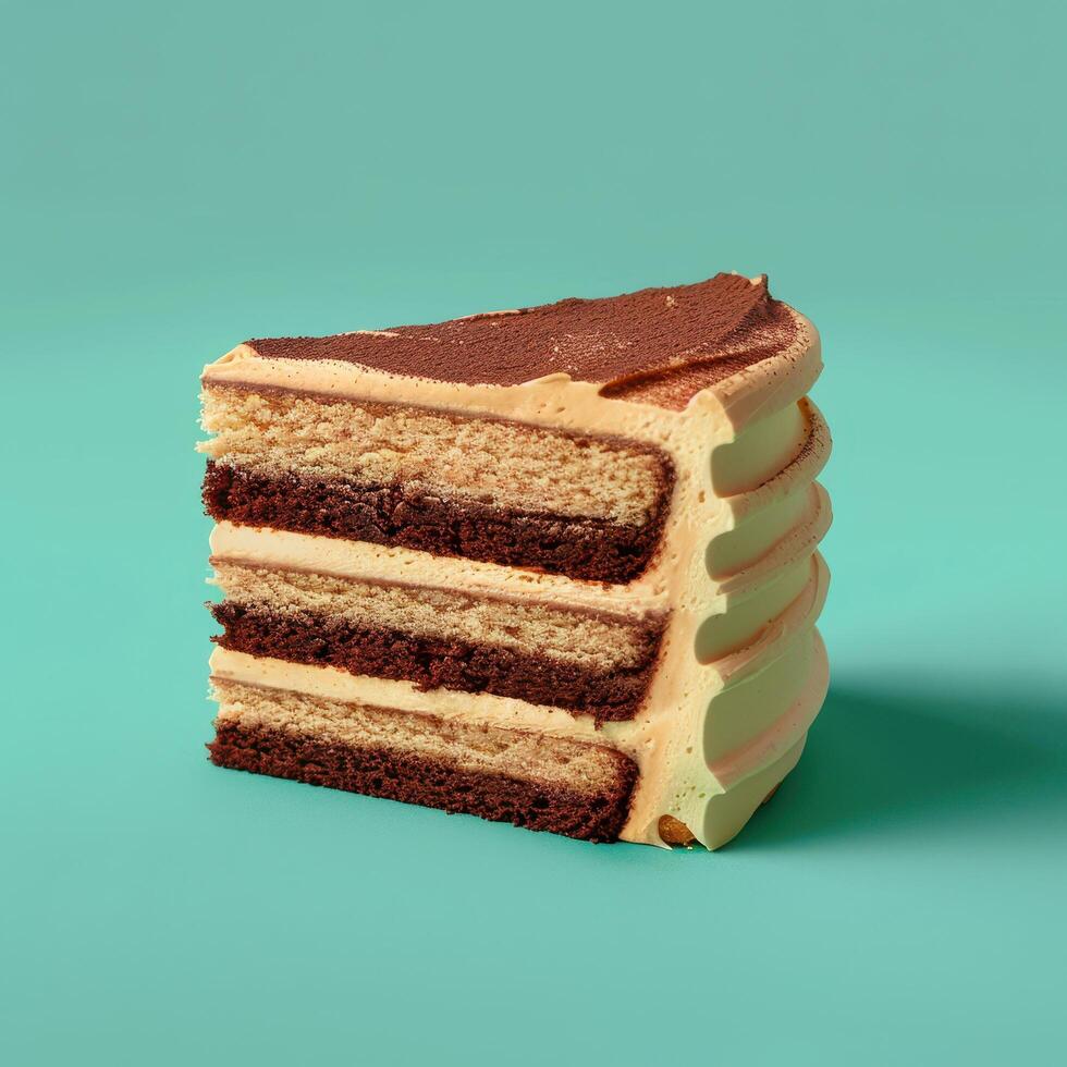 A Slice of Chocolate Cake with Creamy Filling and Cocoa Powder Dusting photo