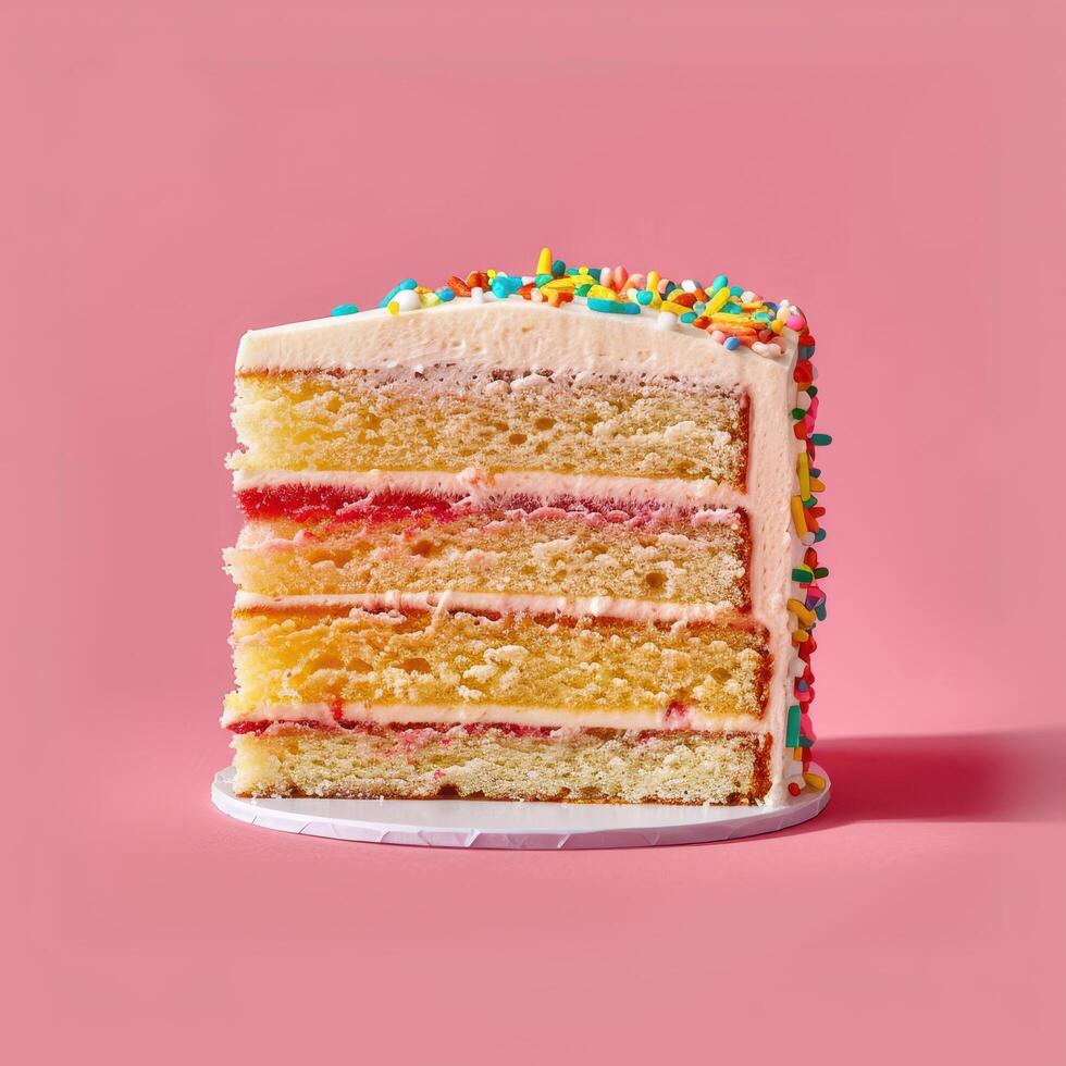 A Slice of Vanilla Cake with Strawberry Filling and Sprinkles photo