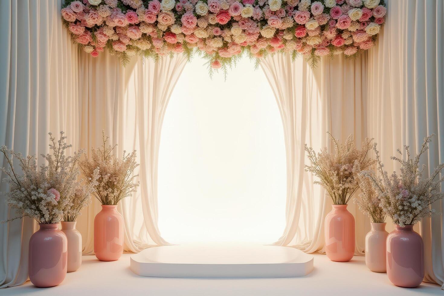 White Stage with Pink Vases and Flower Archway photo